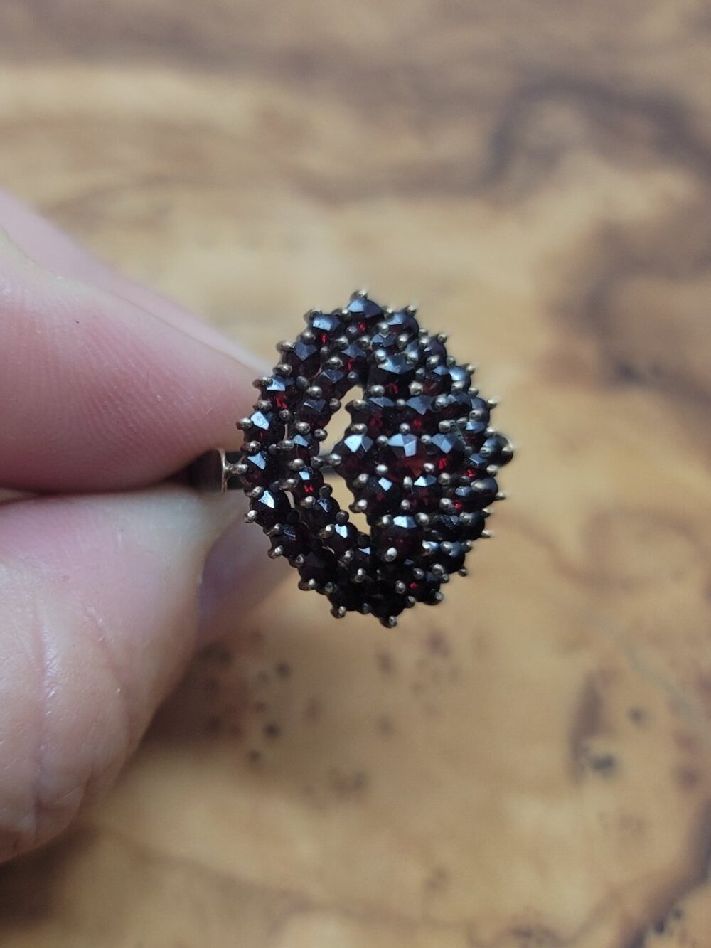 Antique Edwardian Sterling & Bohemian Garnet Cluster Ring - Picture 2 of 6